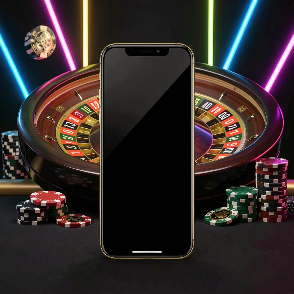 Mobile casino application screen on a phone featuring a roulette wheel and poker chips in the background with glowing neon lights, showcasing DADADA8's premium black and gold style
