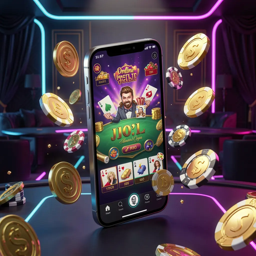 DADADA8 online casino mobile app hero banner featuring a modern smartphone with a glowing casino interface, golden coins and poker chips flying around against a dark luxury background with neon accents