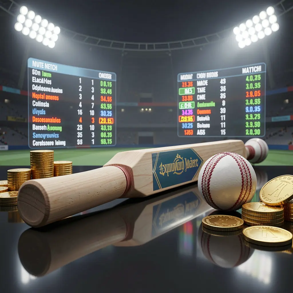 DADADA8 premium sports betting image featuring a cricket bat on a glossy dark surface, a cricket ball, golden coins, glowing match statistics, and stadium lights in a realistic 3D render
