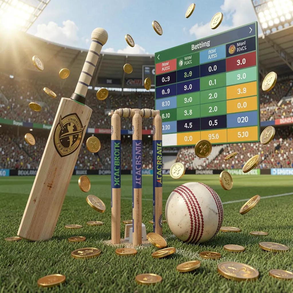 Realistic 3D illustration of a cricket bat, cricket ball, and wickets on stadium grass with floating betting odds interface and golden coins flying, showcasing DADADA8 sports betting page visual
