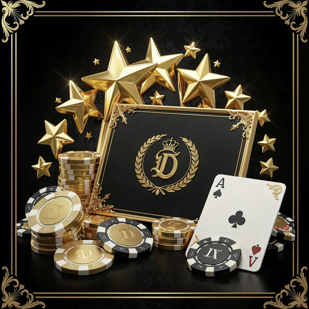 DADADA8 loyalty rewards casino image featuring golden stars, poker chips, coins, and a luxury reward card on an elegant black and gold background in a realistic 3D render