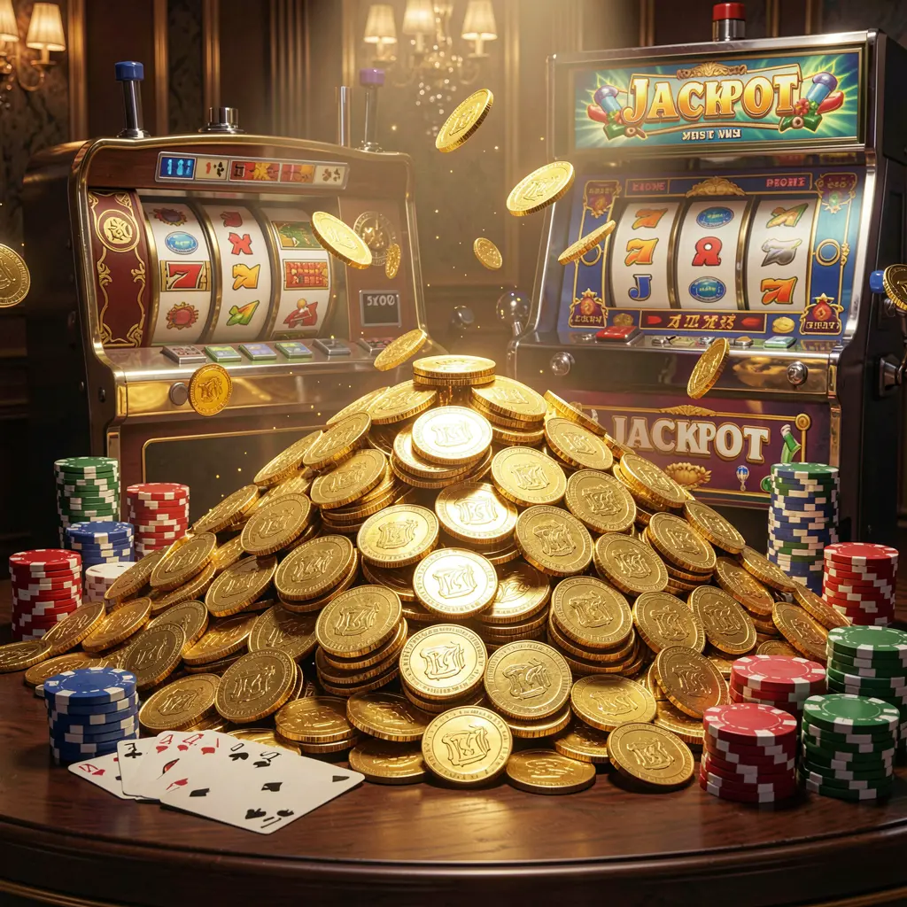 Jackpot bonus scene featuring a huge pile of golden coins, poker chips, and playing cards with a slot machine in the background, illuminated by cinematic luxury lighting, showcasing DADADA8's thrilling casino experience