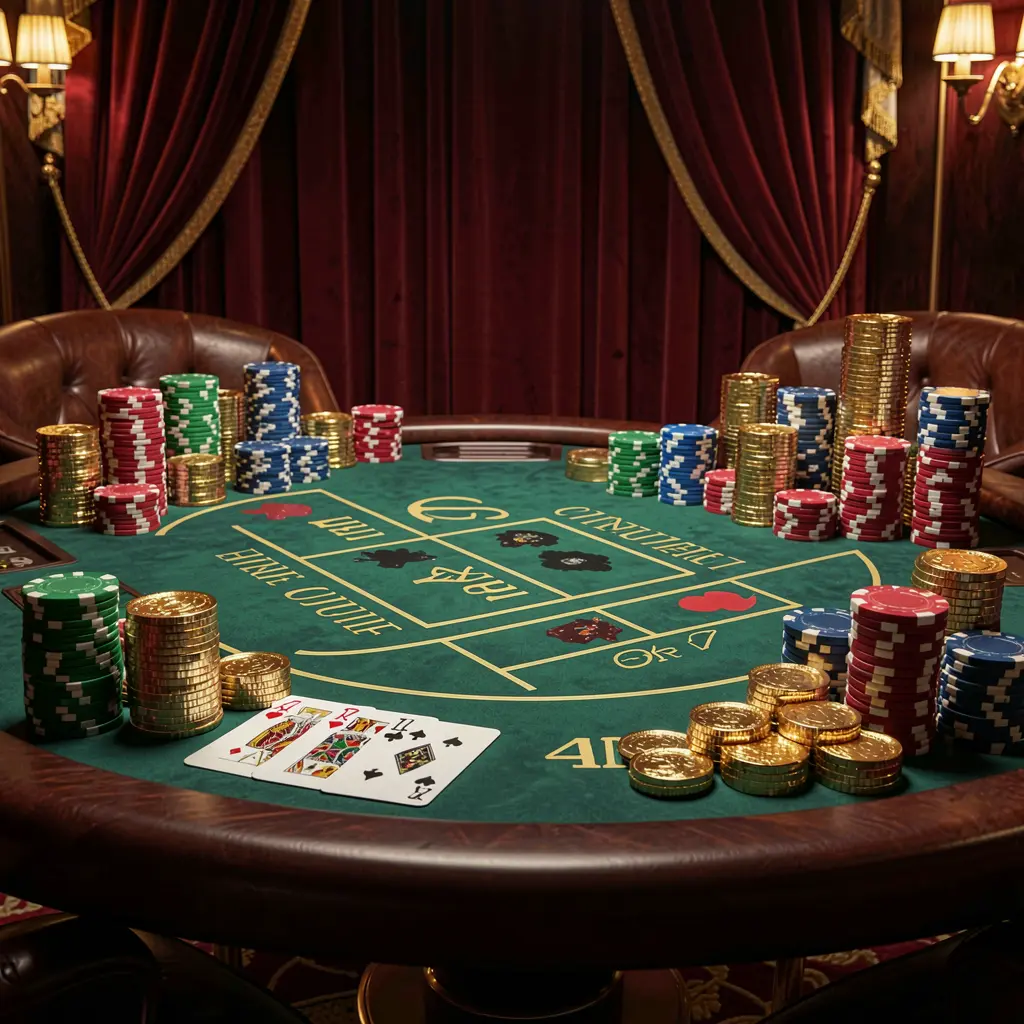 Luxury casino scene featuring a blackjack table with poker cards, stacks of chips, and sparkling coins against a dark red and gold background, showcasing the DADADA8 brand in a cinematic realistic render