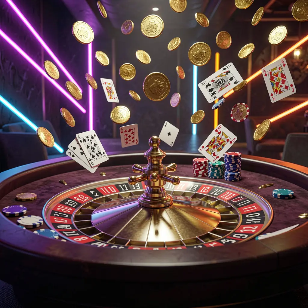 DADADA8 premium casino gaming scene featuring an elegant roulette table with chips and cards, golden coins flying in the air under dramatic neon lighting in a high detail 3D render