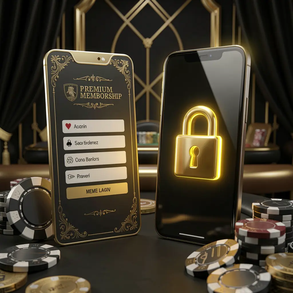 DADADA8 casino member login concept featuring a premium membership card next to a smartphone with a glowing lock symbol, surrounded by poker chips and coins on a black and gold luxury background in a realistic 3D illustration