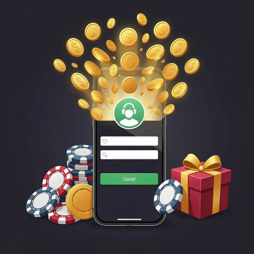DADADA8 casino user login illustration showing a phone with a secure access icon, golden coins bursting from the screen, poker chips and a gift box nearby on a dark premium background