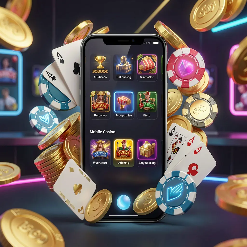 DADADA8 mobile casino homepage concept showing a smartphone surrounded by golden coins, chips, cards, and glowing icons on a modern dark background with neon accents